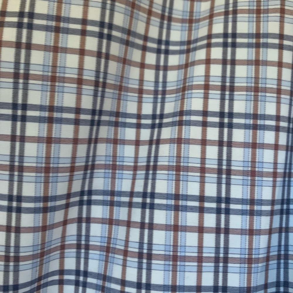 17” slim fit designer Eton shirt with long sleeves and blue, maroon and white.